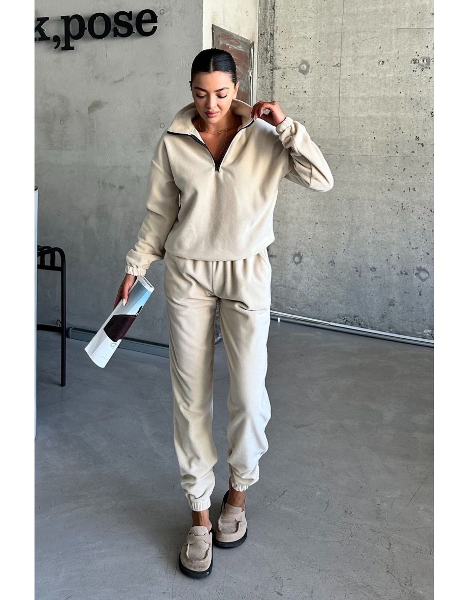 Beige Stand Collar Half Zipper Top-Bottom Polar Fleece Tracksuit