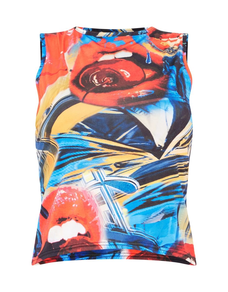 Shape Red Slinky Lip Print Longline Sleeveless Top - 4