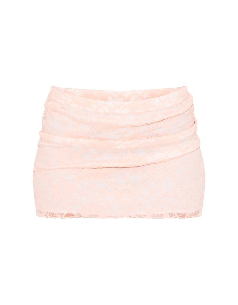 Pale Pink Lace Ruched Side Low Rise Micro Mini Skirt - 5
