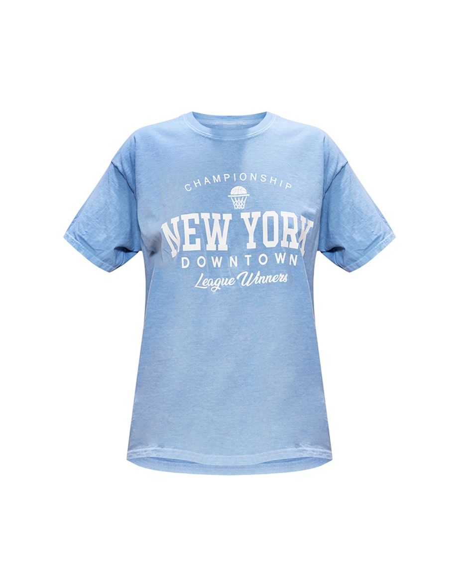 Steel Blue New York Downtown Slogan Printed T Shirt - 4