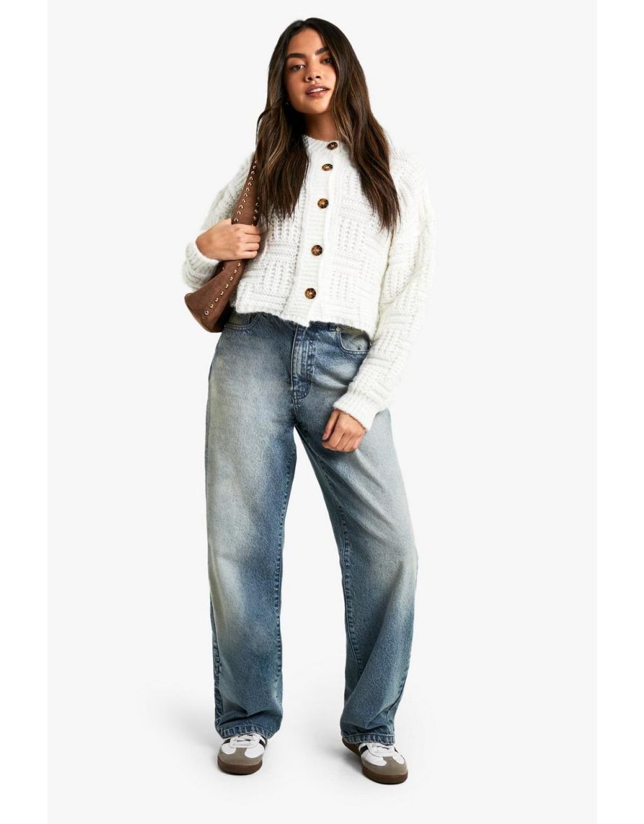 Square Knit Detail Oversized Crop Cardigan - cream