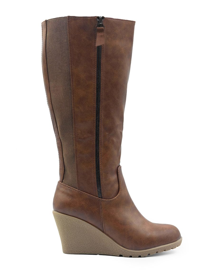 LARA WEDGE HEEL MID CALF HIGH BOOTS WITH SIDE ZIP IN CHOCOLATE BROWN FAUX LEATHER - 2
