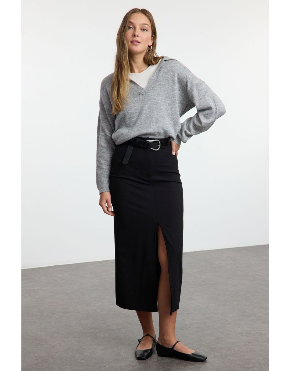 Black Button Detailed Front Slit Pencil Fitted Midi Skirt