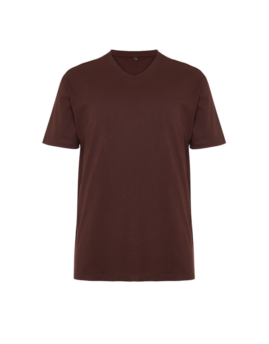 Brown Men's Slim/Narrow Cut V-Neck 100% Cotton Basic T-Shirt - 7