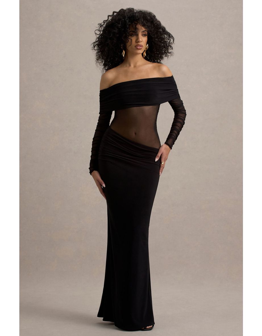 Belamour | Black Semi-Sheer Bardot Gathered Maxi Dress