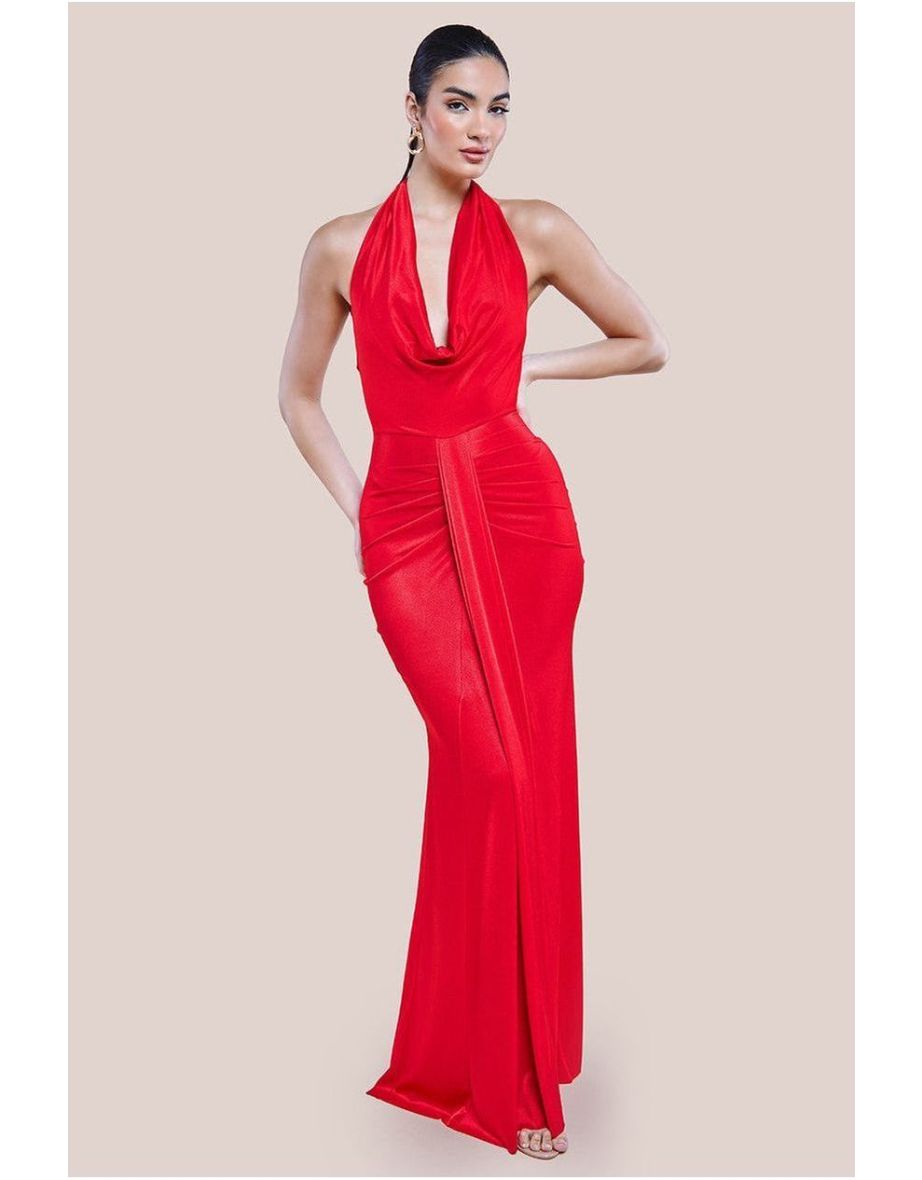 Goddiva Open Back Cowl Neck Maxi Dress - Red