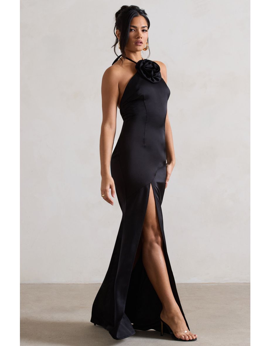 Cesca | Black Satin Halter-Neck Maxi Dress With Flower Corsage - 4