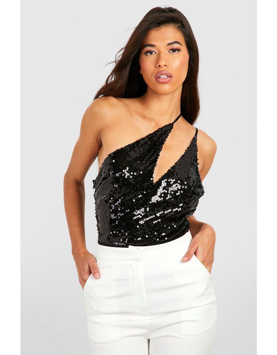 Tall Asymmetric Sequin Bodysuit - black