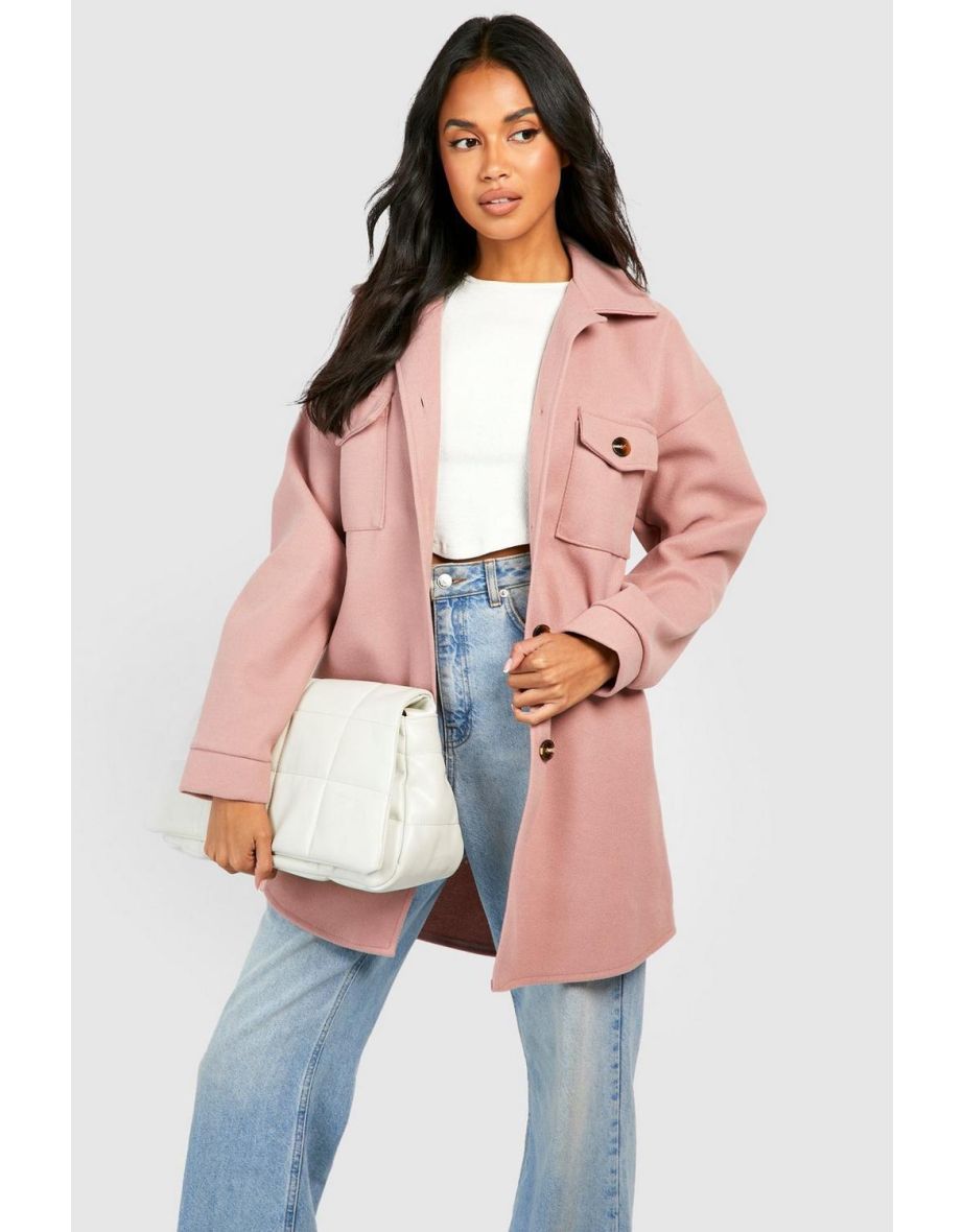 Longline Wool Look Shacket - dusky pink
