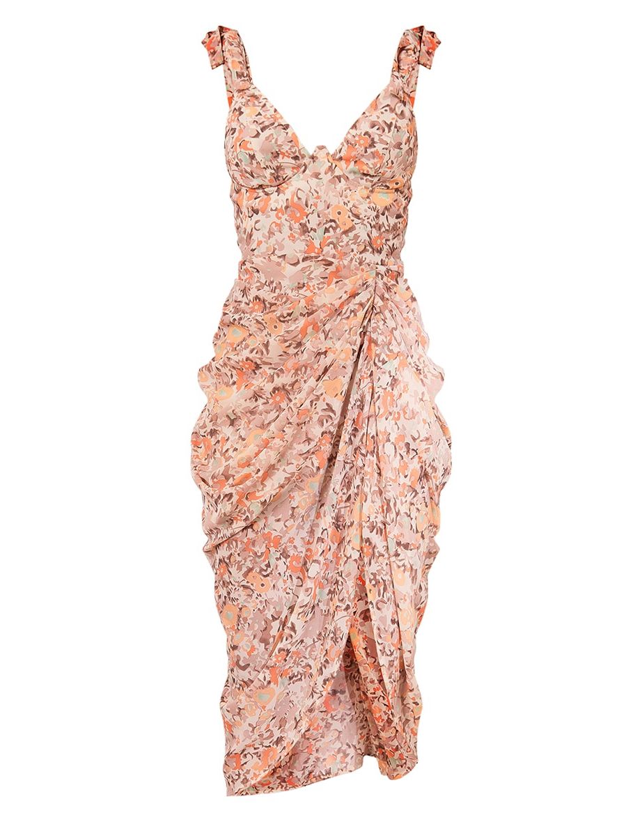 Peach Floral Print Underwire Detail Draped Midi Dress - 4