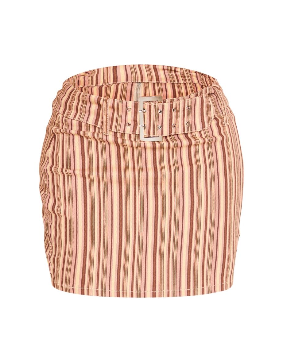 Shape Brown Retro Stripe Buckle Low Rise Micro Mini Skirt - 5