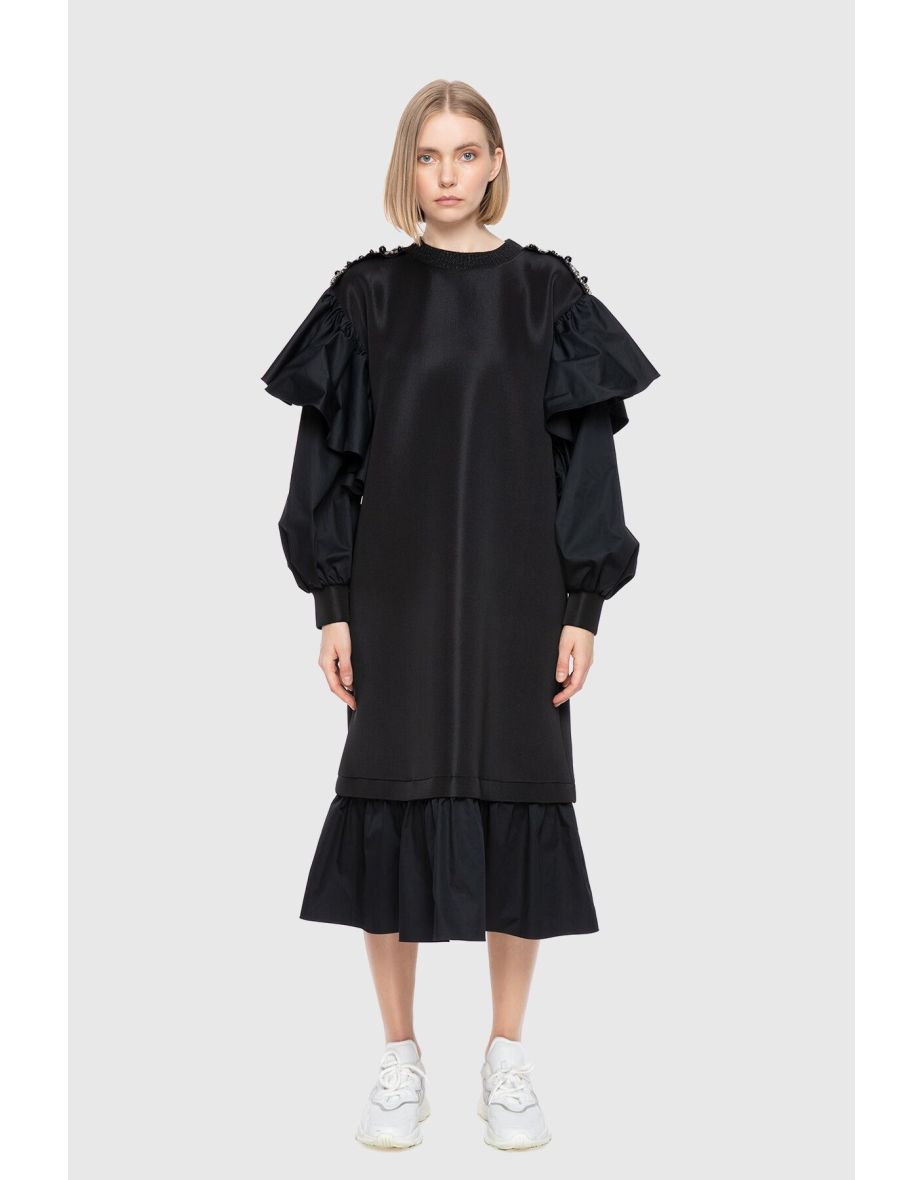 Volan Detail Voluminous Sleeve Black Dress