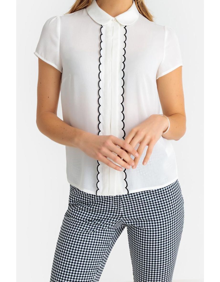 Peter Pan Collar Blouse with Ruffled Braided Trim and Short Sleeves