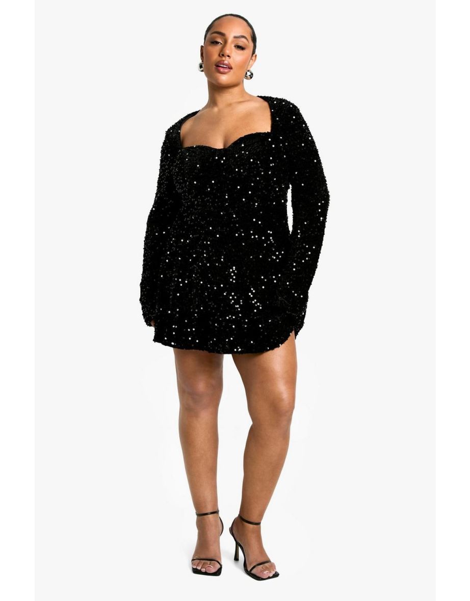 Plus Sequin Velvet Sweetheart Skater Dress - black