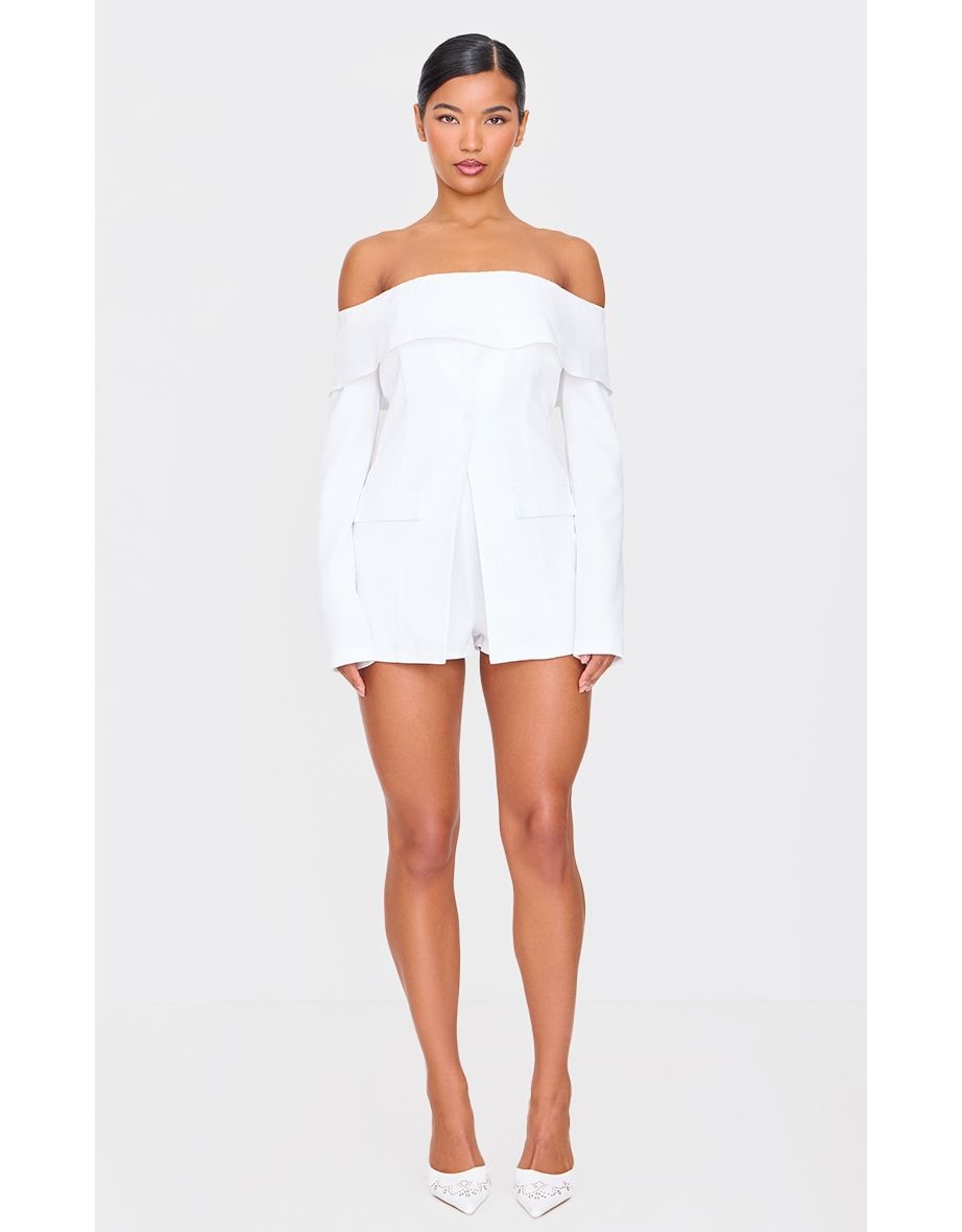 White Tailored Off The Shoulder Long Sleeve Playsuit