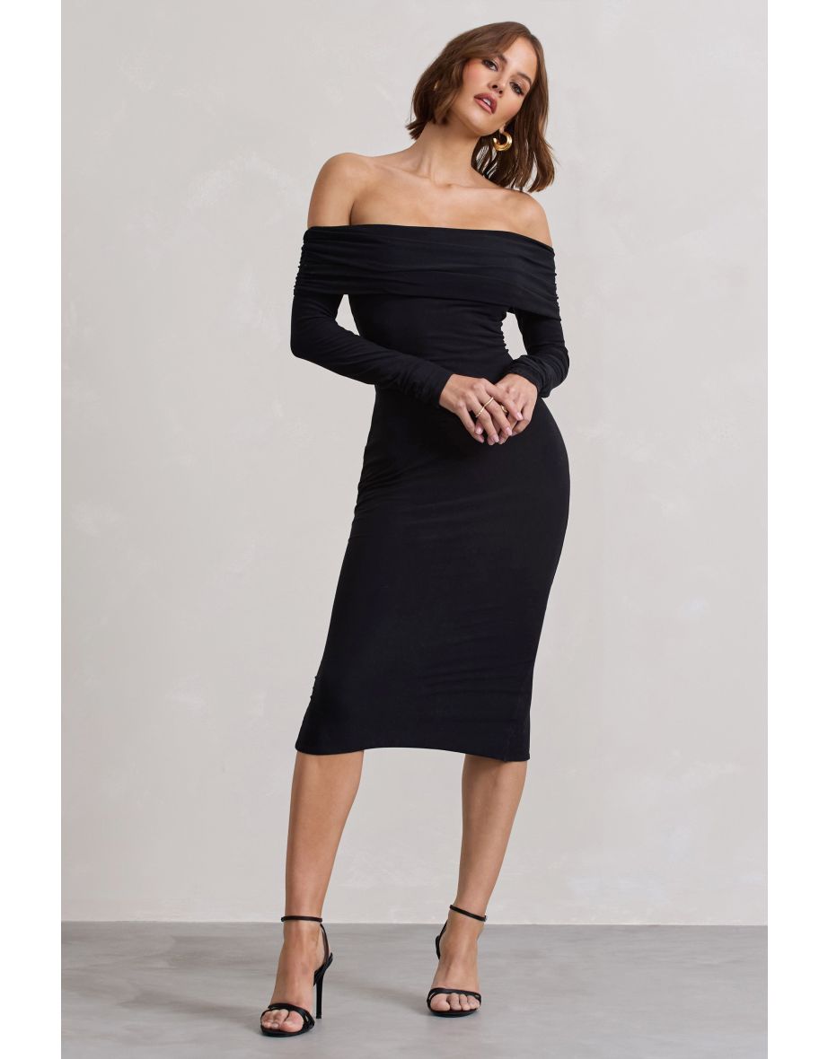 Intercept | Black Bodycon Bardot Tie-Back Midi Dress