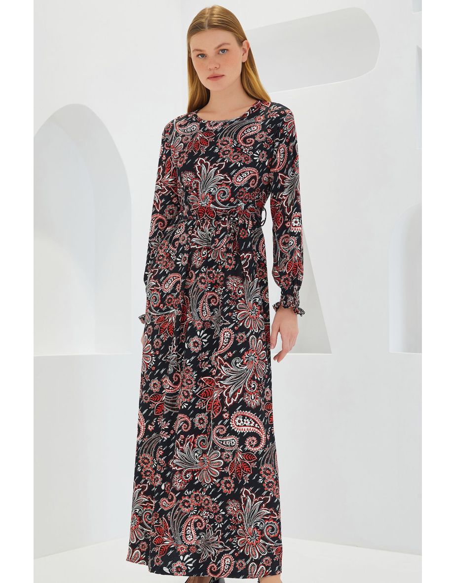 Women's Black Floral Patterned Knitted Hijab Dress
