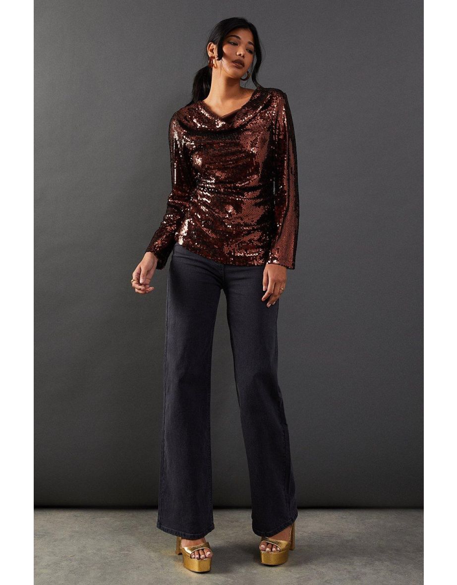 Sequin Cowl Neck Ruched Top