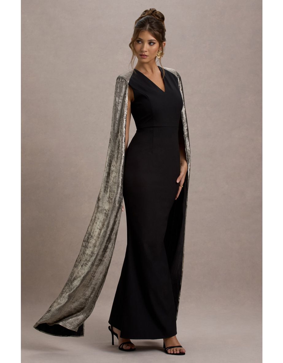 Ilenia | Black V-Neck Maxi Dress With Metallic Cape