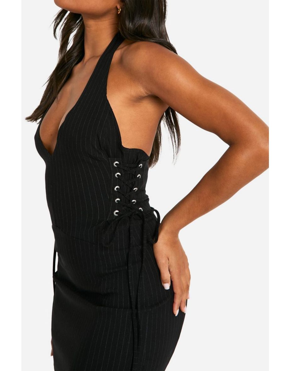 Bengaline Pinstripe V Neck Tie Side Mini Dress - black - 3