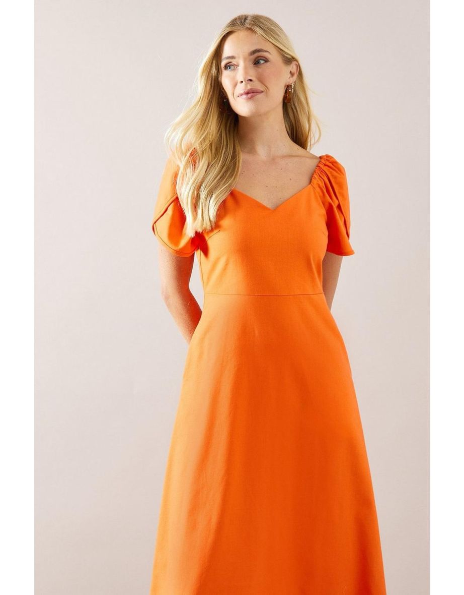 Petite Sweetheart Neck Tulip Sleeve Linen Dress - 3