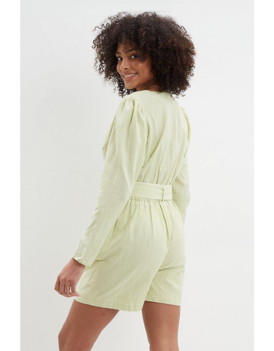 Puff Sleeve Linen Playsuit - 2