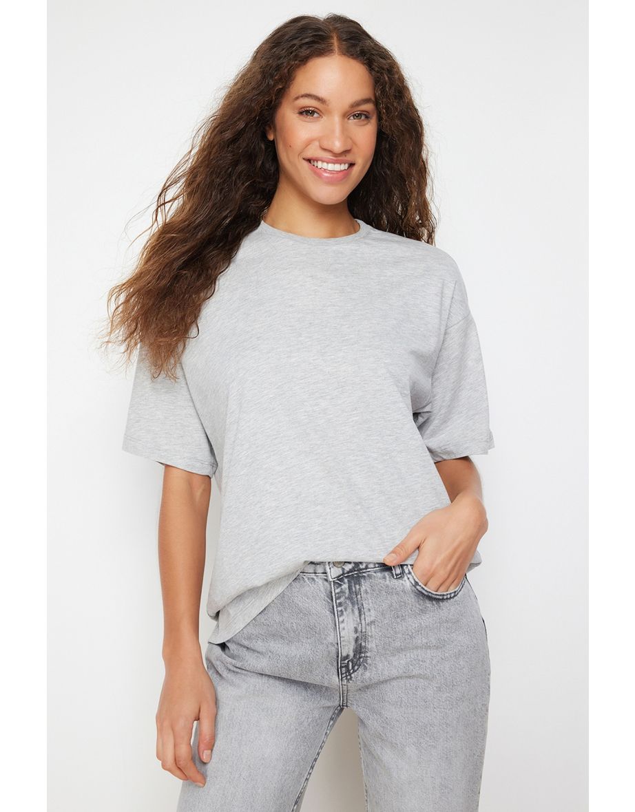 Gray Melange 100 Cotton Crew Neck Boyfriend/Wide Fit Knitted T-Shirt