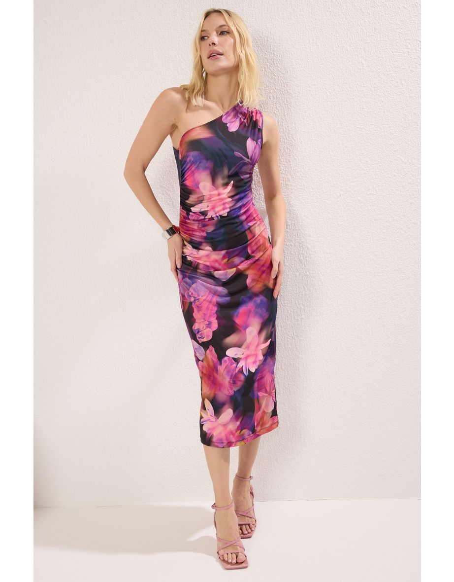 Pink Floral Printed One Shoulder Draped Fitted/Fits Body Stretch Knit Dress