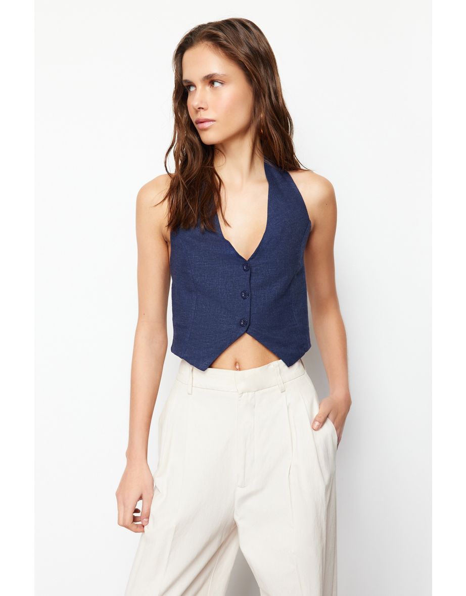Indigo Halter Gathered Back Cotton Linen Woven Top