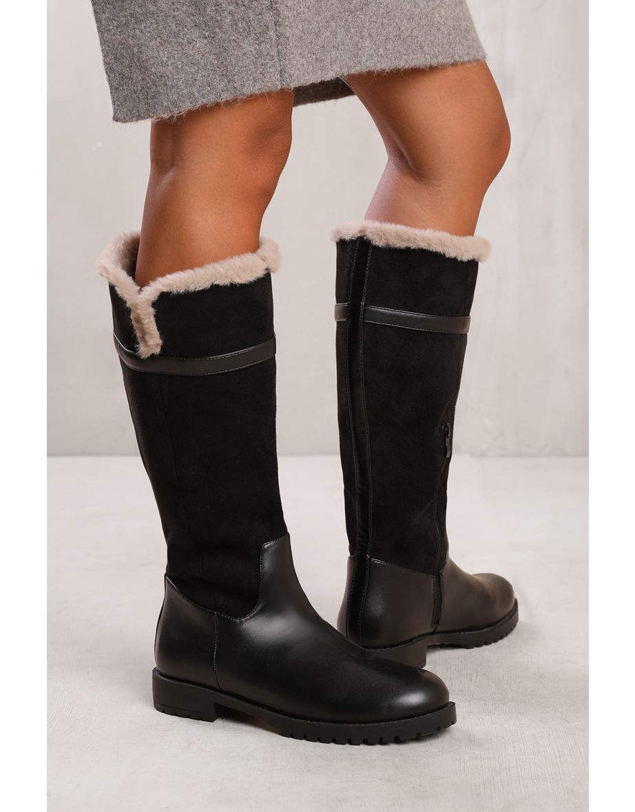 KENDRA KNEE HIGH BOOTS WITH FUR TRIM AND LINING IN BLACK SUEDE AND FAUX LEATHER - 3