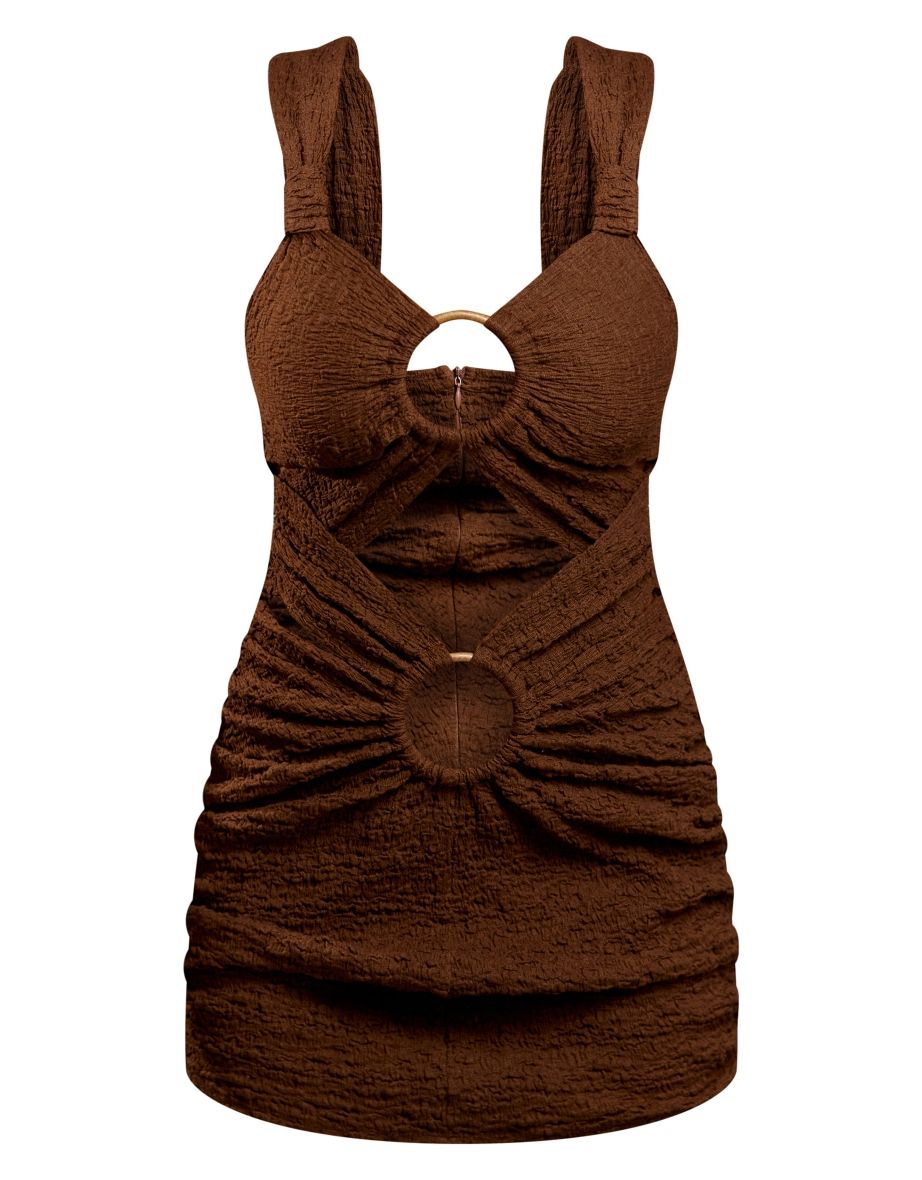 Chocolate Textured Crinkle Ring Detail Cut Out Bodycon Dress - 4