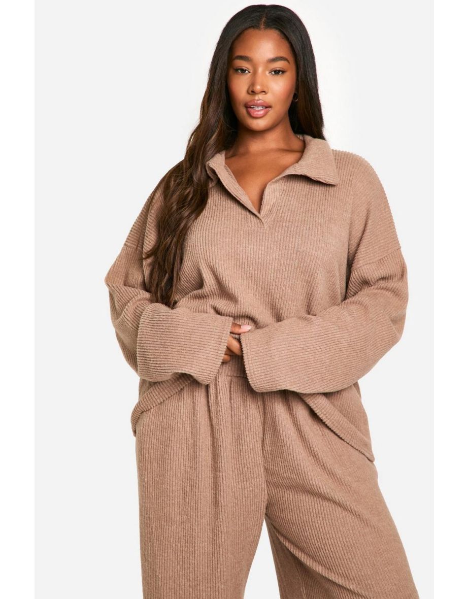 Plus Soft Rib Collared Top & Trouser Lounge Set - 3