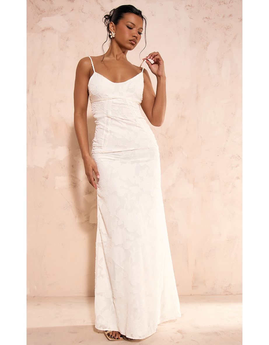 Cream Jacquard Halter Neck Cowl Maxi Dress