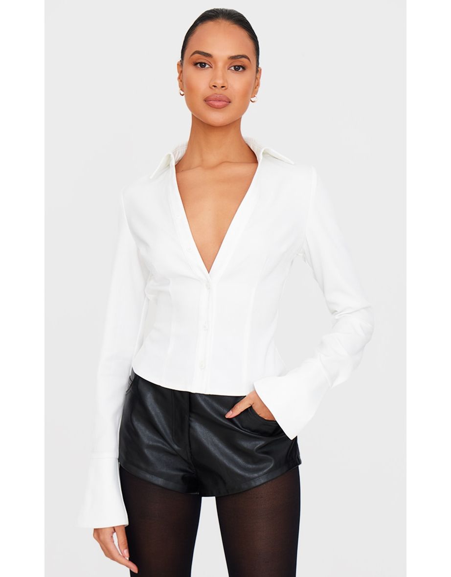 White Fitted Plunge Shirt