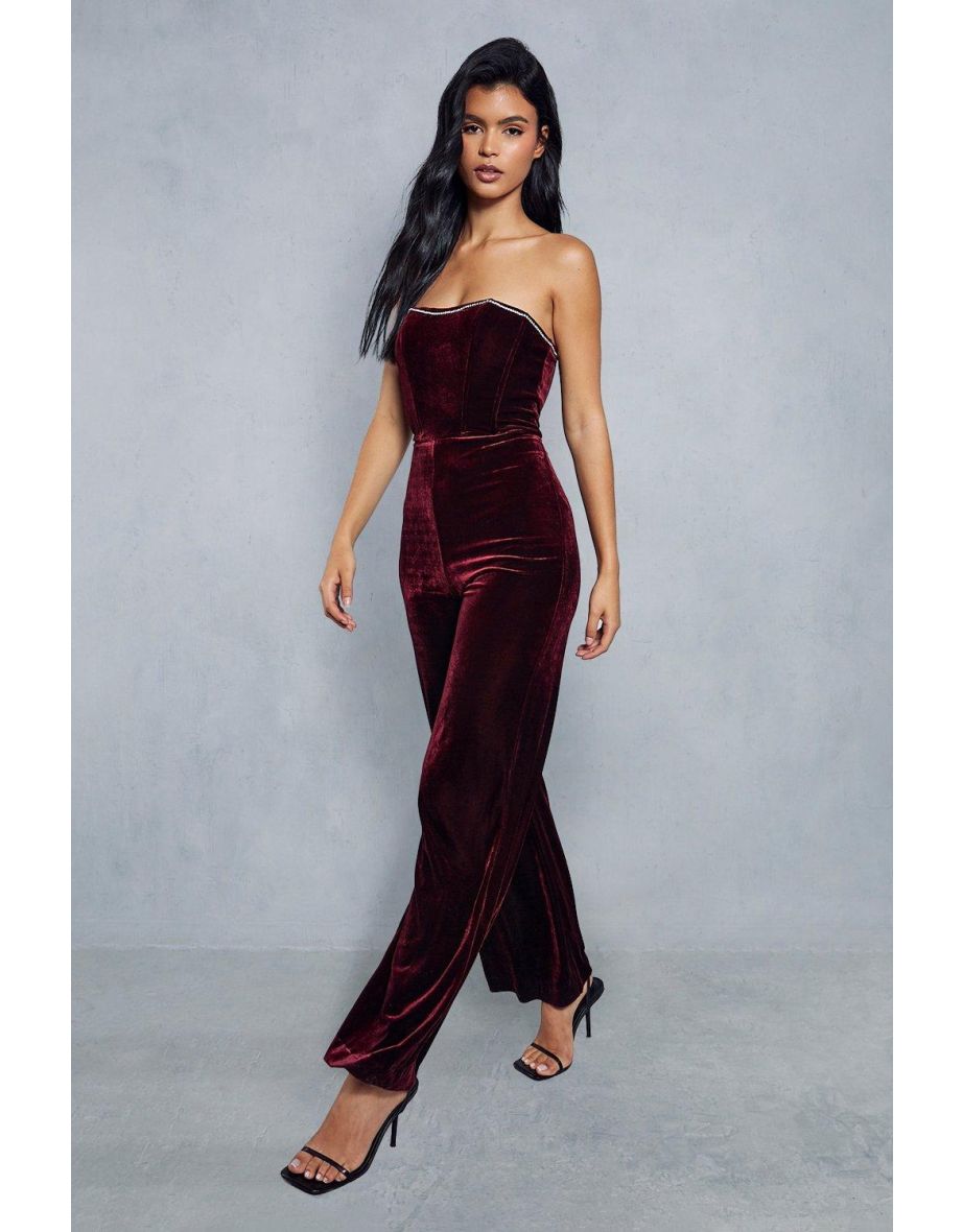 Velvet Diamante Trim Bandeau Straight Leg Jumpsuit