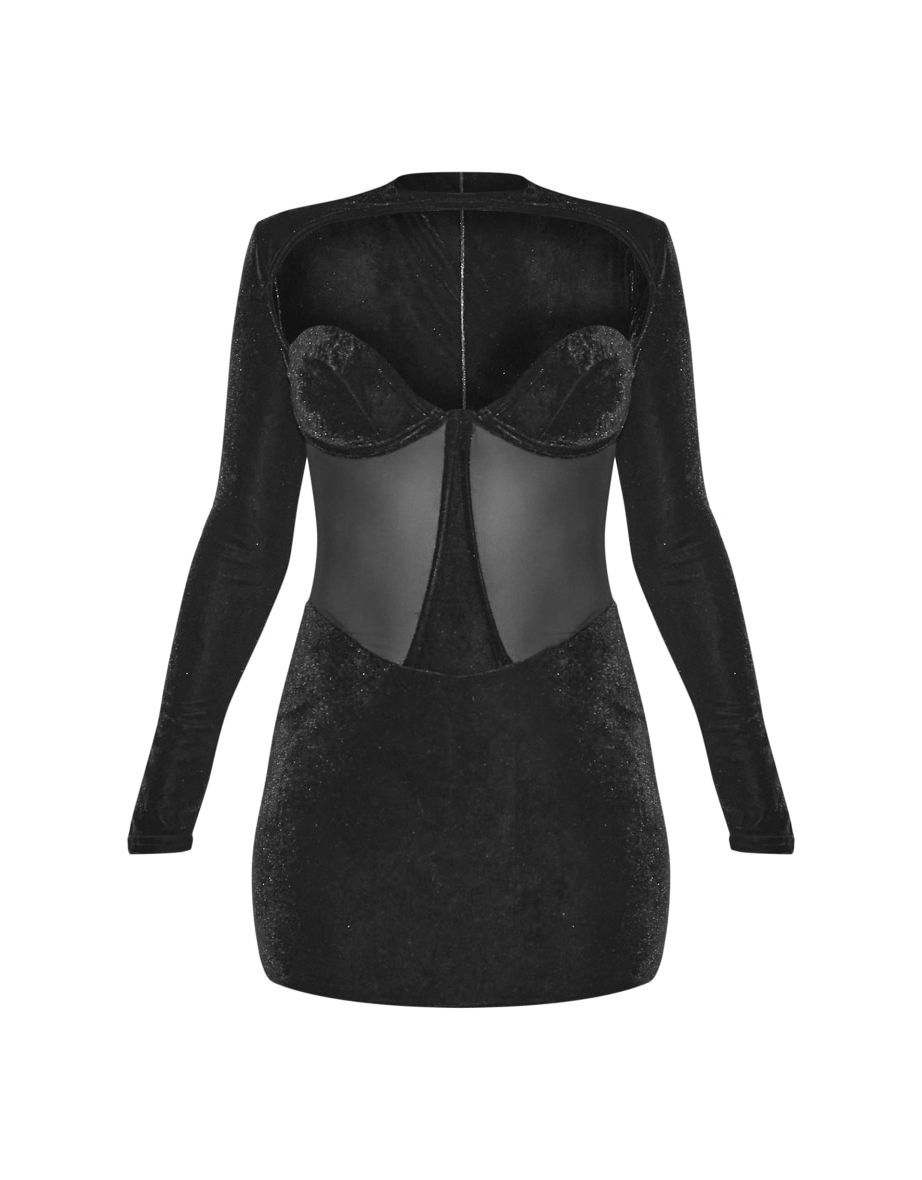 Black Velvet Side Cut Out Detail Bodycon Dress - 4