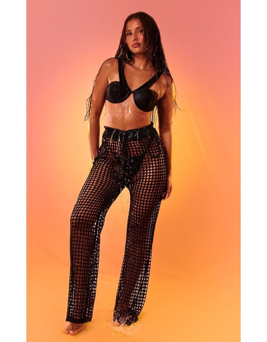 Black Crochet Straight Leg Beach Trousers