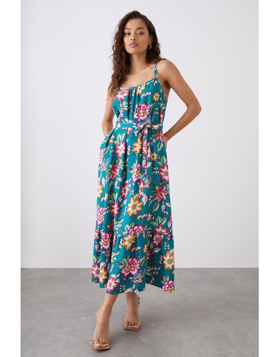 Petite Green Floral Tiered Pocket Midi Dress
