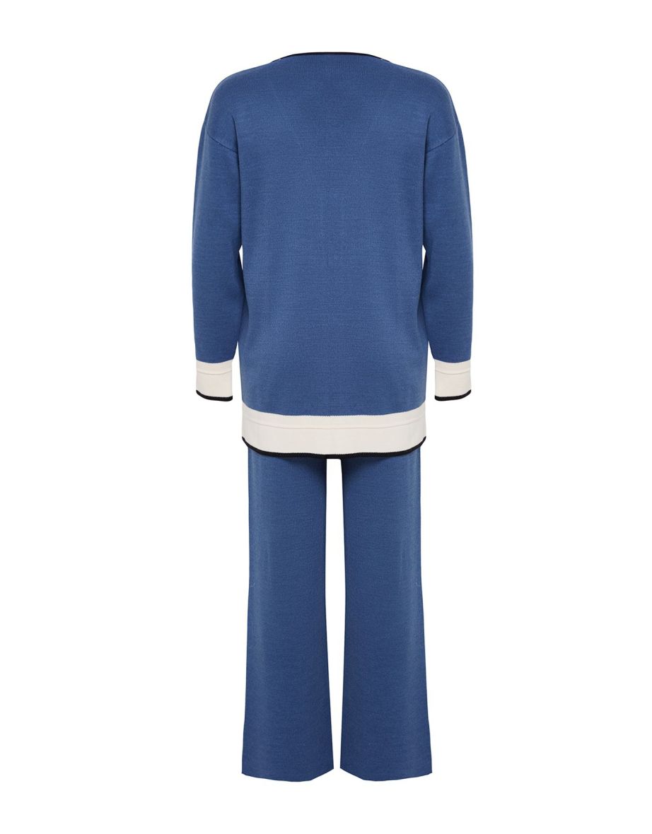 Indigo Color Block Knitwear Cardigan Trousers Bottom-Top Set - 6