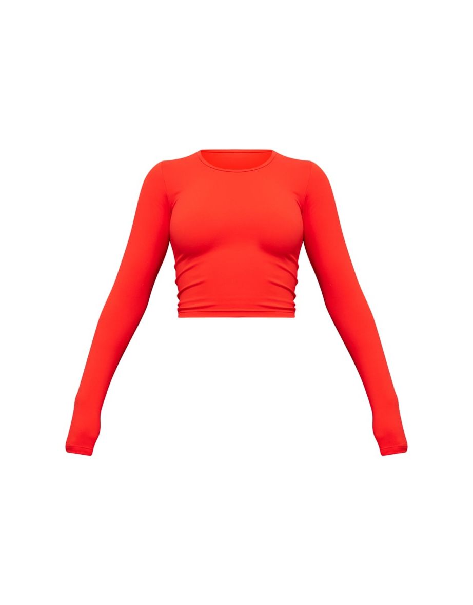 Tomato Red Contour Sculpt Long Sleeve Crop Top - 4
