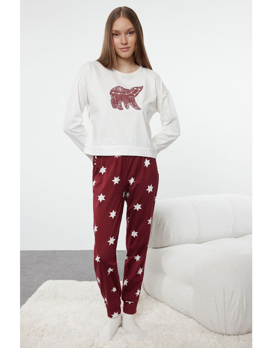 Claret Red 100% Cotton Galaxy Single Jersey Knitted Pajama Set