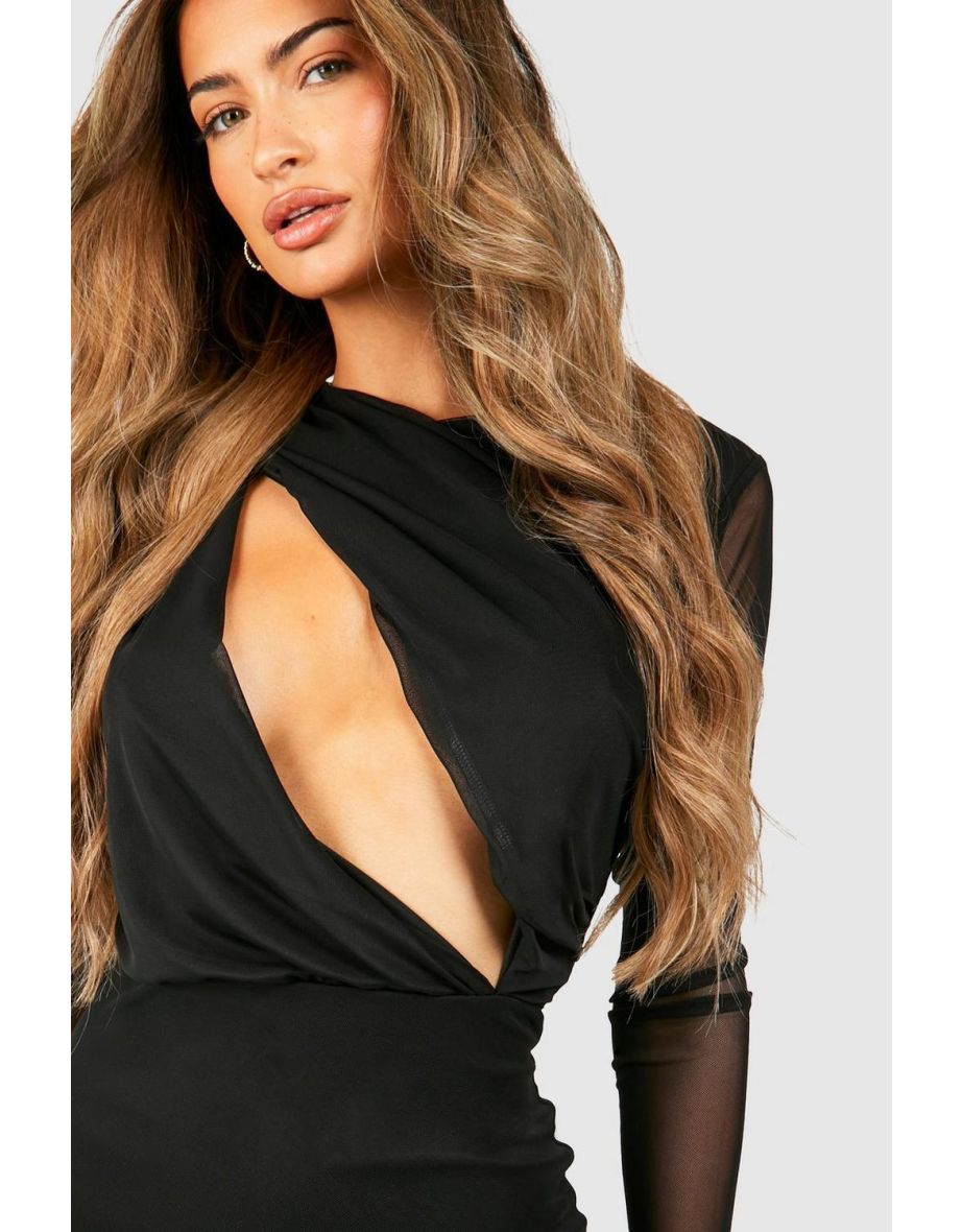 Mesh Cut Out Ruched Mini Dress - black - 3