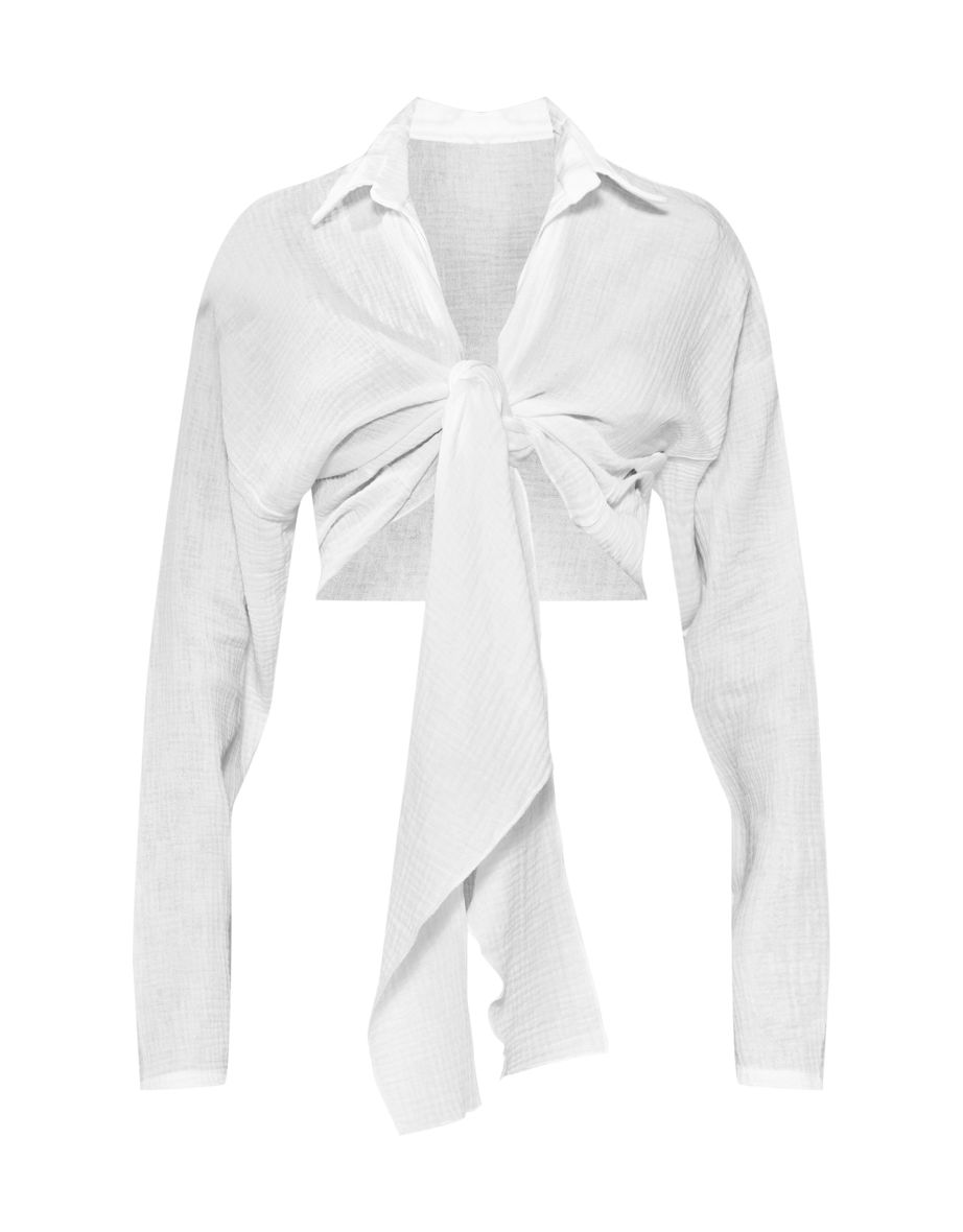 White Textured Cheesecloth Tie Front Blouse - 4