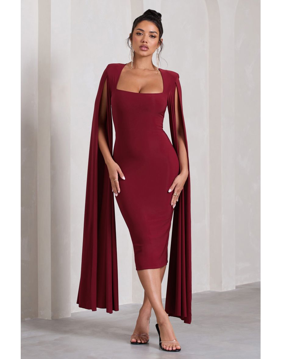 Flawless | Berry Square Neck Midi Dress With Cape Sleeves