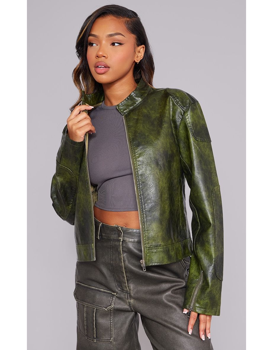 Shop Dark Green Faux Leather Washed Boxy Biker Jacket Online in Saudi Arabia VogaCloset