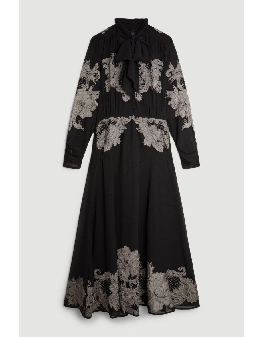 Velvet Applique Satin Woven Maxi Dress - 3