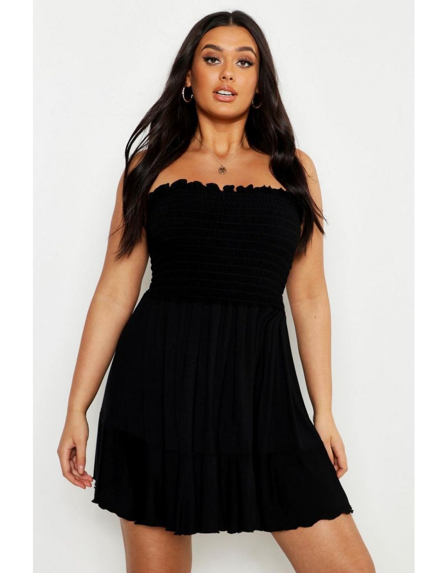 Plus Shirring Bandeau Beach Skater Dress - black