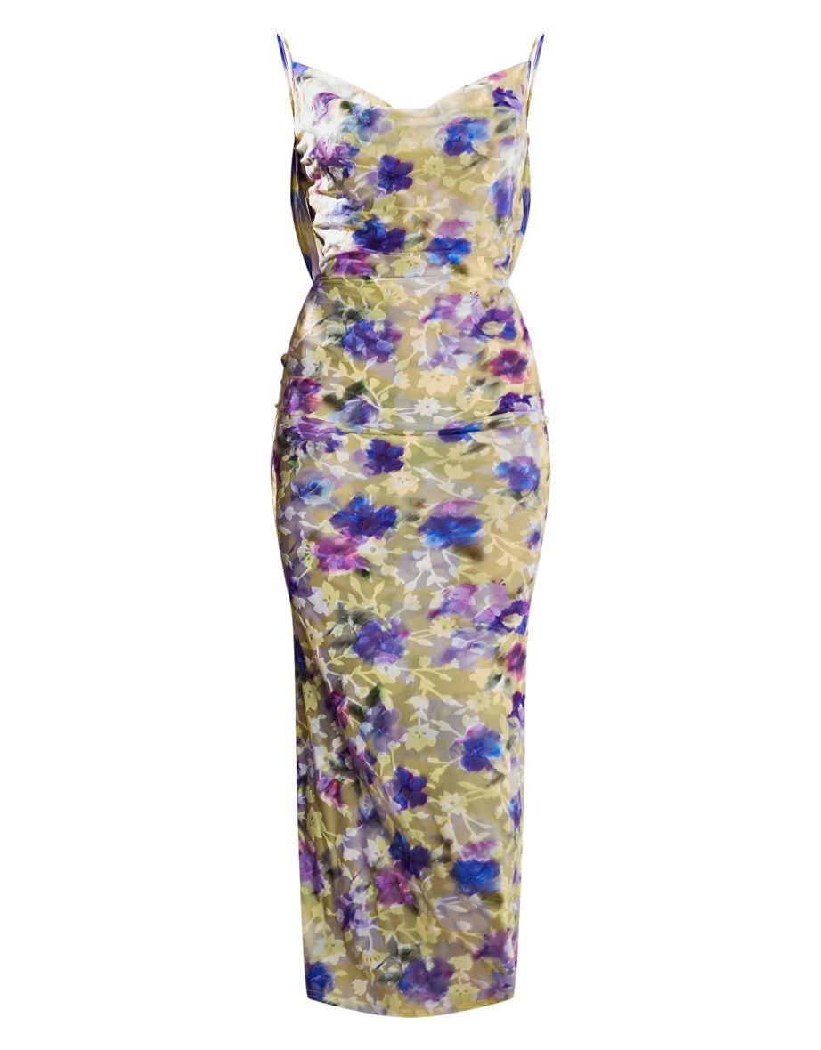Purple Floral Print Flocked Mesh Cowl Maxi Dress - 4
