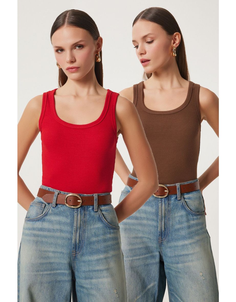 Women's Brown Red 2-Piece Ribbed Thick Strappy Knitted Undershirt