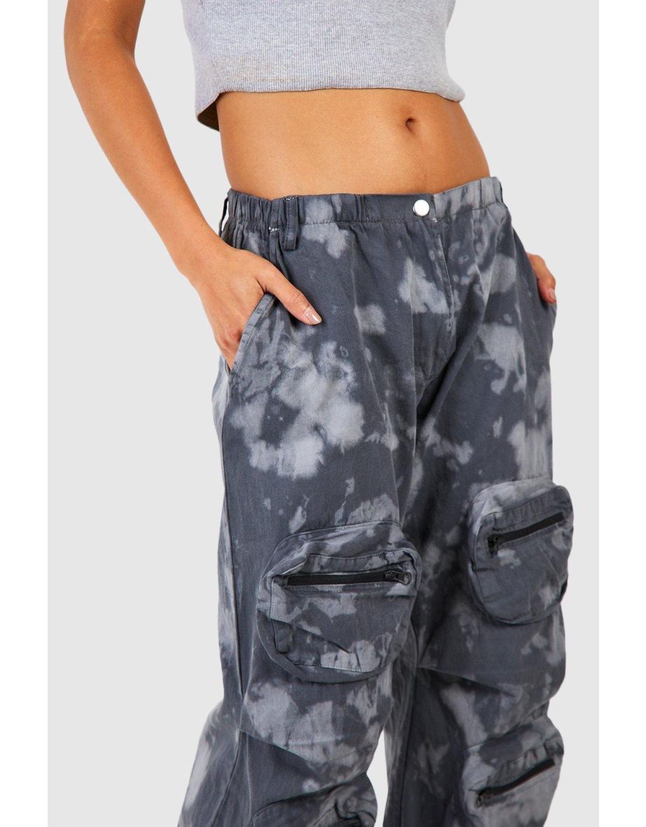 Acid Wash Multi Pocket Cargo Pants - acid wash black - 3